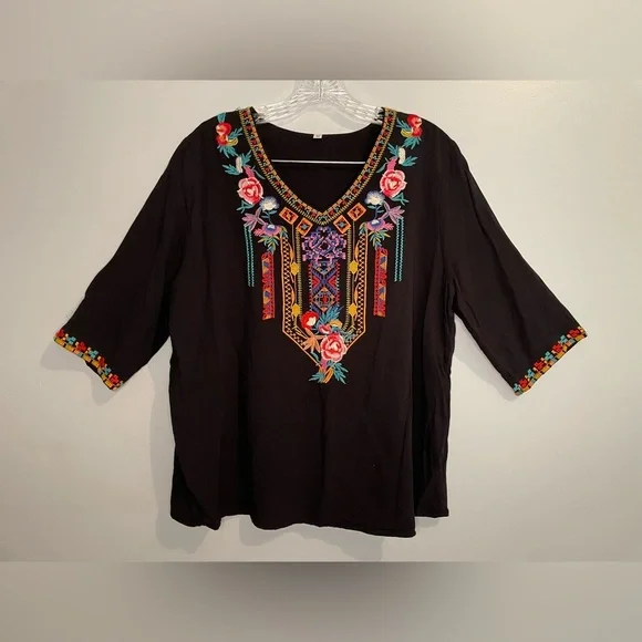 Embroidered Colorful Bold Floral Women's Blouse Shirt Black V-Neck Southwestern - Picture 15 of 16